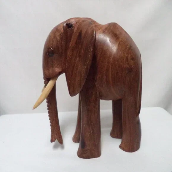 Elephant Wood Hand Carved Figurine Statue brown w/ Tusks Trunk 11" x 8.5" Decor - Picture 6 of 13
